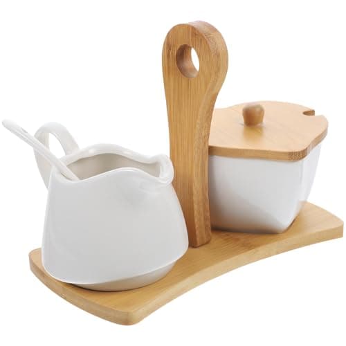 Image of DECOMELODY Ceramic Sugar Bowl and Creamer Set with Spoon Bamboo Tray White Premium Porcelain Sugar Jar and Milk Pitcher for Home Kitchen Serving and Housewarming