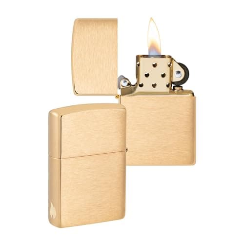Image of Zippo Windproof Lighter - Flame Design - Brushed Brass - Refillable - Reusable - Windproof - Gift Box - Metal - Made in USA - Amazon Exclusive