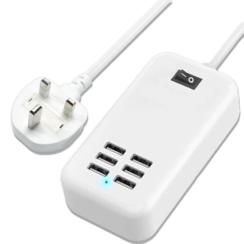 Image of Powered USB Hub, 6 USB Port Hub with Power Supply for PC Laptop, Multiple USB Port Adapter Splitter 1.8M Long Power Cable for Ultrabooks Desktops, with On/Off Switch Universal AC to DC Hubs, White