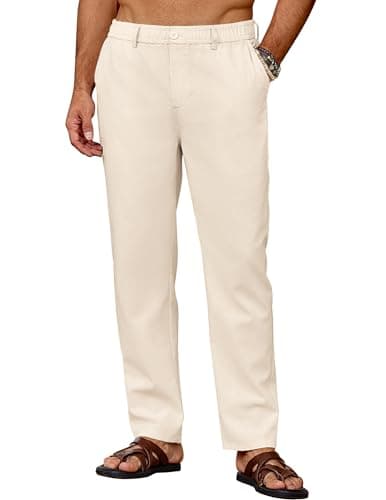 Image of COOFANDY Mens Linen Trousers Summer Pants Casual Pant Smart Trouser Lightweight Summer Trouser Beach Trousers Chino Trouser Comfortable Linen Pants Beige S