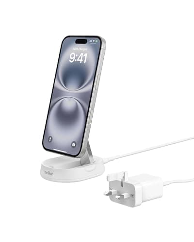 Image of Belkin BoostCharge Pro 15W convertible magnetic wireless charging stand, MagSafe compatible fast Qi2 wireless charger, fast charger for iPhone 17/16/15, Air, AirPods, PixelSnap, 20W plug incl. - White