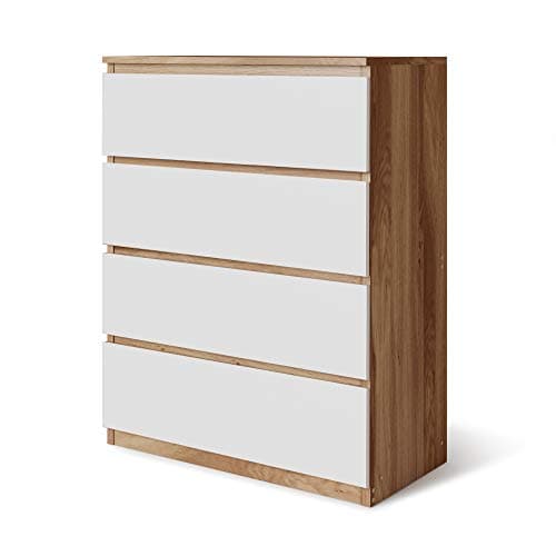 Image of URBNLIVING 4 Or 5 Drawer Skagen Wooden Bedroom Chest Cabinet No Handle Storage Cupboard Modern (Oak Carcass + White Drawers, 4 Drawers)
