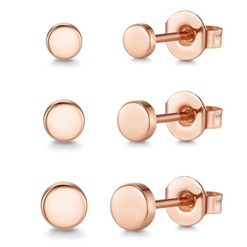 Image of MACACHII 3 Pairs Sterling Silver Flat Dot Stud Earrings Set for Women Men Girls Boys, Silver/14K Gold Plated/Rose Gold/Black Stud Earring Round Disc Earring for Sensitive Ears (2/3/4mm)