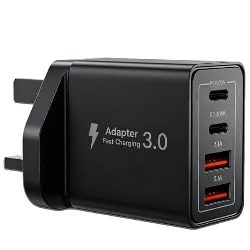 Image of Hyper Charge Pro Charger, 55W C Type Charger Plug with 2 USB A Ports, Multi USB UK Plug Fast Charge Power Adapter Head Compatible for Iphone 17 16 15 Samsung IPad Multi USB, Black