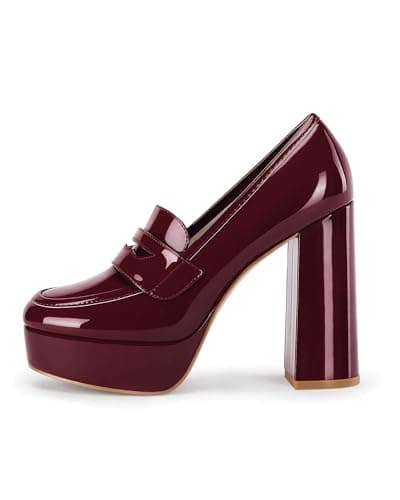 Image of Womens Platform Heels Loafers Chunky High Heel Closed Toe Patent Leather Shoes Penny Loafer Business Dress Work Pumps, Burgundy, 6 UK
