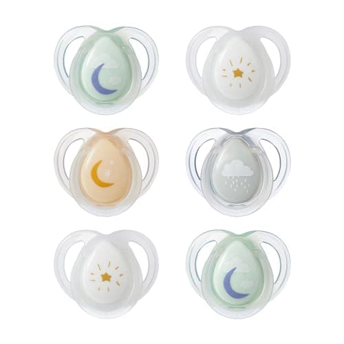 Image of Tommee Tippee Nighttime Soothers, 0-6m, 6 Pack, Glow in The Dark, Varied Colours and Designs, Symmetrical Orthodontic Dummy, BPA-Free Silicone Teat