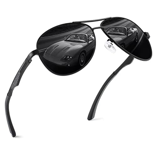 Image of GQUEEN Polarised Sunglasses Mens Womens, Al-Mg Alloy Frame Spring Hinges, Pilot Style Shades UV400 Protection, Black