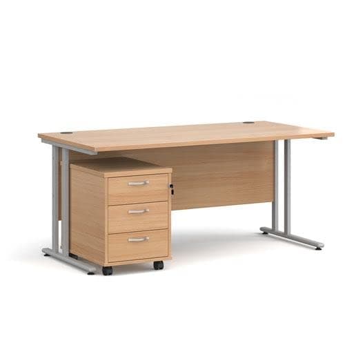 Image of Office Monster Cooper straight desk 1600mm x 800mm with silver cantilever frame and 3 drawer pedestal - beech