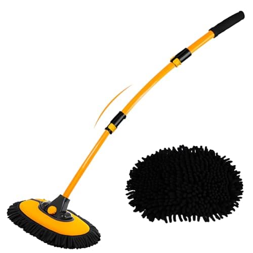 Image of 15° Curved Car Wash Brush with Telescopic Handle 43" Aluminum Alloy Long Rod Cleaning Mop for Caravan Van Truck Boat RV Roof Soft Chenille Head Duster Clean Product Not Hurt Paint Scratch Free