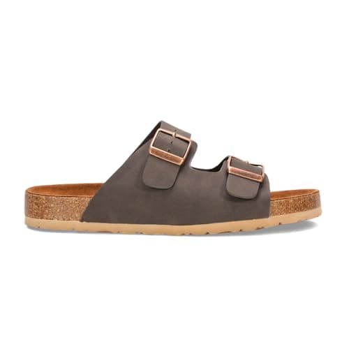 Image of ESSEX GLAM Womens Double Buckle Strap Flat Slider Ladies Casual Holiday Flip Flop Strappy Sandals Size 3-8 (Brown, UK Footwear Size System, Adult, Women, Numeric, Medium, 5)