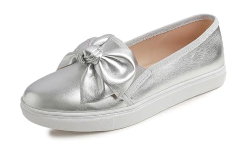 Image of Feversole Women's Casual Slip On Sneaker Fashion Bow Tie Loafer Flats Silver Vegan Leather Size 7 UK