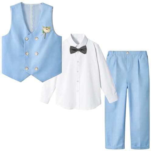 Image of LOLANTA 4-Piece Formal Suit for Boy, Double-Breasted Waistcoat Set, Kids Birthday Wedding Party Occasionwear, Blue, 3-4 Years, 100