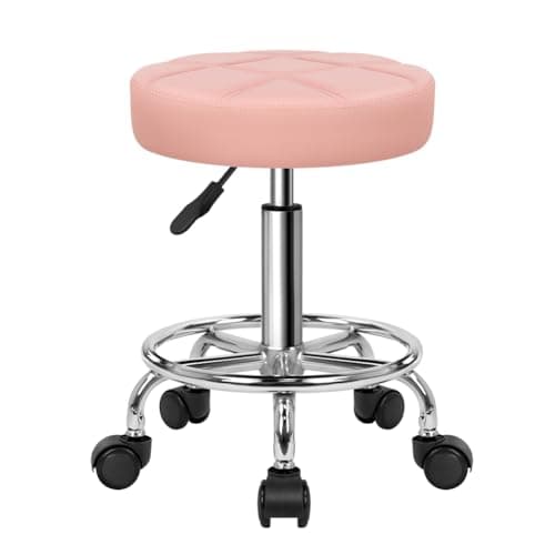 Image of KKTONER Round Rolling Stool Chair PU Leather Height Adjustable Swivel Drafting Work SPA Shop Salon Stools with Wheels Office Chair Small (Pink)