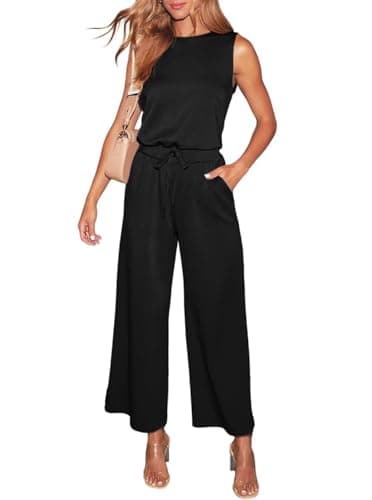 Image of LACOZY Jumpsuits for Women Dressy 2026 Trendy Casual Sleeveless Tshirt One Piece Rompers Pajama Set Beach Travel Vacation Outfits Black XL