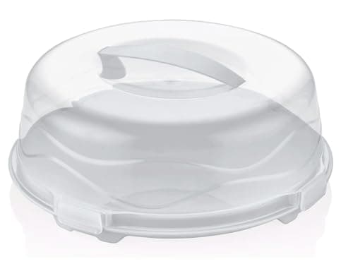 Image of Best House | Plastic Cake Box | Round | WHITE | Reusable Clear Cake Cover with Lid Carry Handle | Transport Storage Food Container Takeaway Holder, Cake Stand with Lids - 33 x 11.5 cm (Pack of 1)