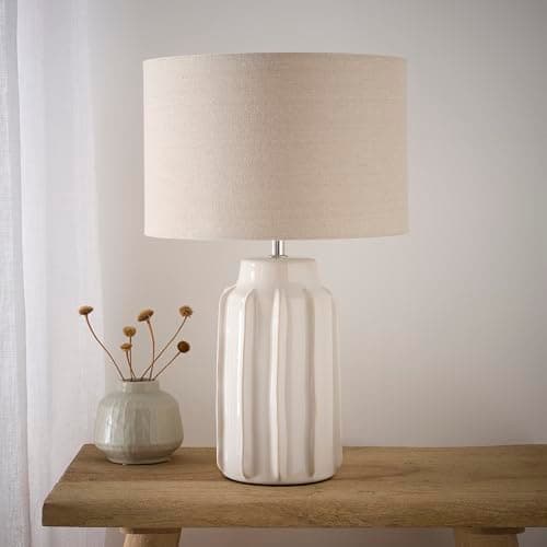 Image of K LIVING Modern Ceramic Table Lamp with Linen Shade, 47 cm Height, Ribbed Base Design, Natural White