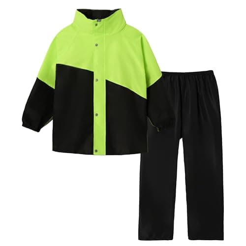 Image of Volunboy Kids Waterproof Suit, Hooded Raincoat Jacket and Trousers Set Puddle Suit with Zip for Boys Girls 8-14 Years(8-9 Years,Black Green,XL)