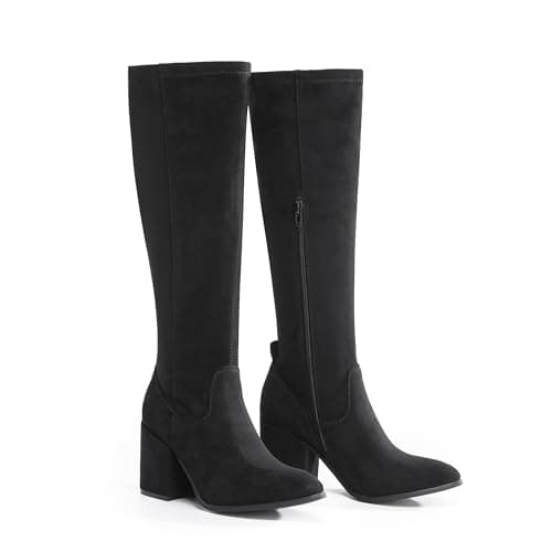 Image of VIVASHOES Women’s Knee High Heeled Boots – Faux Suede Long Boots with Chunky Heel & Side and Pull On Tab – Stylish Tall Winter Booties for Autumn & Winter Outfits - Black 6