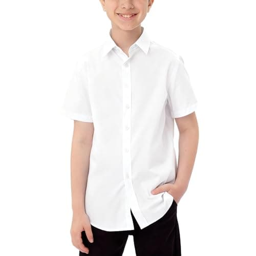 Image of LXEASYGO Boys Short Sleeve School Uniform Shirts Plain Blue White Regular Fit Kids Button Down Collared Dress Shirts for Boys 5-16 Years (UK, Age, 11 Years, 12 Years, Regular, White)