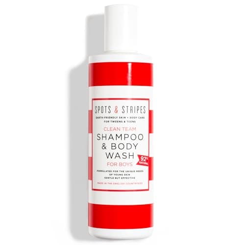 Image of Spots & Stripes - Clean Team Shampoo & Body Wash for Boys, Multi-Tasking Kids Body Wash Leaves Skin and Hair Clean, Balanced and Smelling Great. Sulphate Free, with Camellia Oil and Cedarwood (250ml)