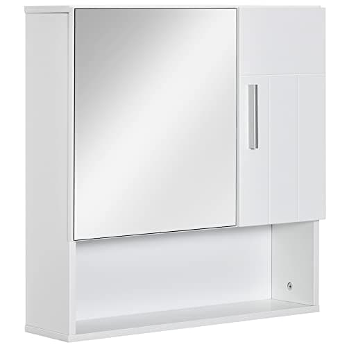 Image of kleankin Bathroom Mirror Cabinet, Wall Mounted Storage Cupboard Organizer with Double Doors and Adjustable Shelf, White