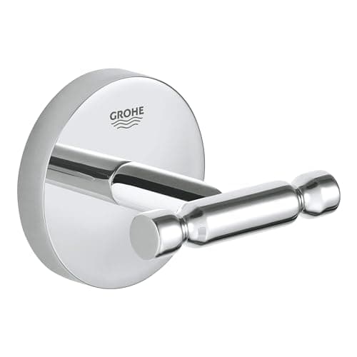 Image of GROHE BauCosmopolitan Double Robe Hook - Bathroom Wall Mounted Shower Towel Hanger (Metal, Concealed Fastening, Including Screws and Dowels, Durable Sparkling Sheen), Chrome, 40461001