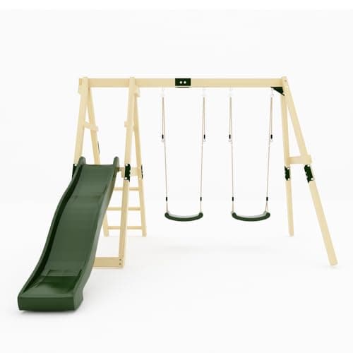 Image of GALACTICA Outdoor Wooden Swing and Slide Set for Kids, Garden Swing with 2 Adjustable Seats, Sturdy Weather-Resistant Frame, Backyard Playground for Toddlers and Children