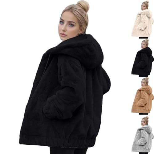 Image of Fleece Jacket Women Full Zip Up Fuzzy Teddy Trench Coat Ladies Winter Long Puffer Coats Size 20-22 22/24 Hooded Jackets Lapel Cardigan Hoodies Casual Winter Autumn Warm Outwear with Hood and Pockets