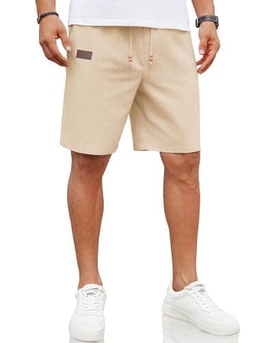 Image of COOFANDY Mens Linen Shorts Summer Casual Beach Shorts for Men with Elasticated Waist and Pockets Khaki L