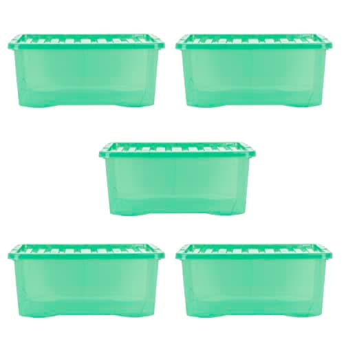 Image of Wham Crystal 5 x 45L Stackable Plastic Storage Boxes with Lids | Ideal for Home, Office, Toys & More | Large Boxes | Made in UK - Leprechaun Green