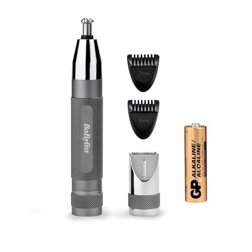 Image of BaByliss Super-X Metal Precision Detail Trimmer - 3-in-1 Nose, Ear & Eyebrow Trimmer, 2 Attachments, 2 Comb Guides, Battery-Powered, 7066U