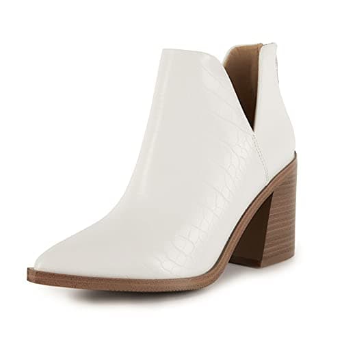 Image of FISACE Womens Pointed Toe Stacked Mid Heel Ankle Boots V Cut Back Zipper Faux Leather Booties, White Pu, 6 UK