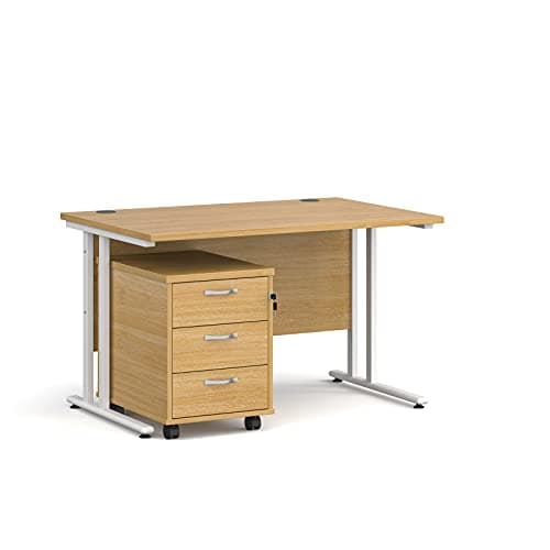 Image of Mr Office Maestro 25 straight desk - white cantilever frame and 3 drawer pedestal bundle, Oak, 1400