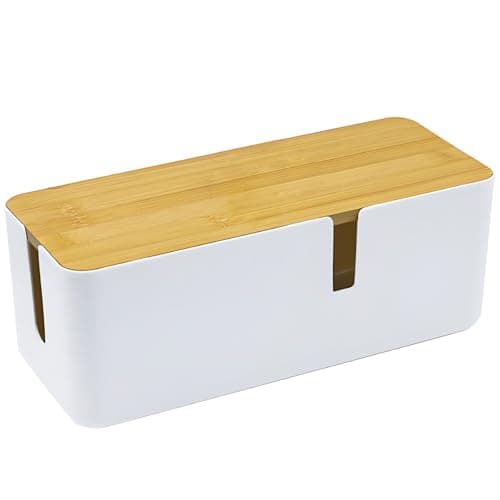 Image of JJQHYC Cable Tidy Box Large Cable Box with Bamboo Lid Cable Management Box White Cable Organiser for Hiding Cables and Plugs