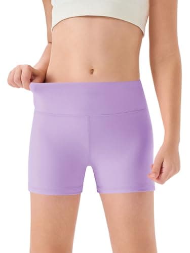 Image of Haloumoning Girls' Shorts, Summer Short Leggings, Children's Plain High Waist Cycling Shorts, Yoga, Dance, Gym, Sports Leggings, Under Skirt, Short Trousers, 5-14 Years, Light Purple, 13-14 Years