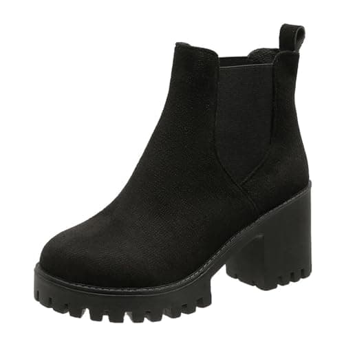 Image of SOOUICKER Ladies Black Ankle Boots Faux Suede Chelsea Boots Women Chunky High Block Heel Ankle Boots Shoes