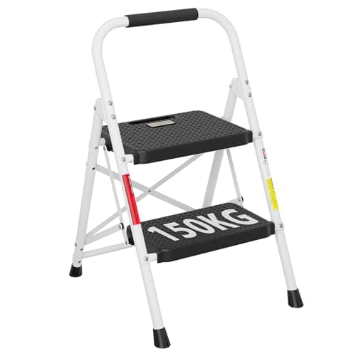 Image of BONTEC 2 Step Ladder, Capacity 150KG with Wide Anti-Slip Pedals, Folding Steel Step Stool, Sponge Handlebar, Lightweight Portable Ladder Suitable for Home, Kitchen, Pantry, Indoor/Outdoor Use, White
