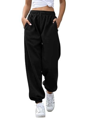 Image of Oyamiki Trousers for Women UK Fall Fleece Lined Black Warm Comfy Baggy Sweatpants Workout Loungewear Cotton Joggers with Drawstring L