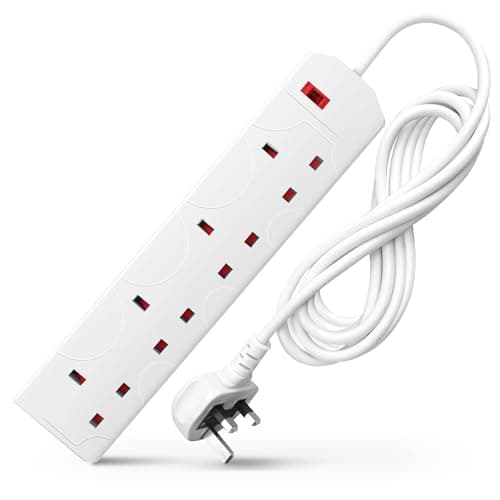 Image of DESIRETECH White Electric Extension Lead 4 Gang 5 Metre | 5m Long Cable | UK Plug 3 Pin Socket Outlet | Wall Mountable | Multi Socket Mains Strip For Home, Bedroom, Kitchen and Office (1 Pack)