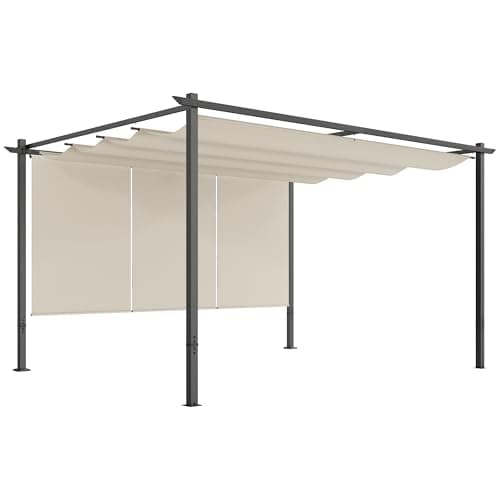 Image of Outsunny 3 x 4m Metal Pergola with Retractable Roof and Roller Shade, Free Standing Gazebo Canopy Pergola Kit, UPF30+ Outdoor Sun Shelter, Beige