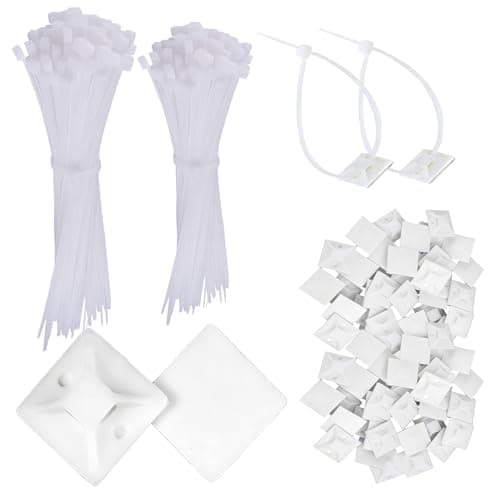 Image of 200Pcs White Cable Ties Set,Self Cable Ties Adhesive Mounts,120mm/150mm and 100Pcs Strong Self Adhesive Base Pads,Cable Tie Pads Organizer with Cable Tie Sticky Pads for Home Office Garage Workshop