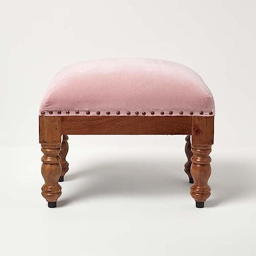 Image of HOMESCAPES Blush Pink Velvet Footstool 50 x 30 cm Rectangular Pouffe on Solid Wood Legs 40 cm Tall Ottoman Style Upholstered Footrest