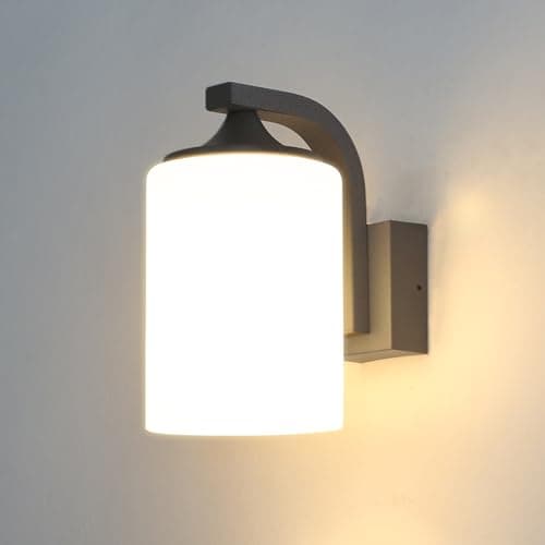 Image of HLFVLITE Outdoor Wall Lantern, Outside Waterproof Wall Light Sconce Fixture, Gray Porch Lights Wall Mounted Lighting with Matte White Shade & E27 Socket for Garage, Garden, Terrace
