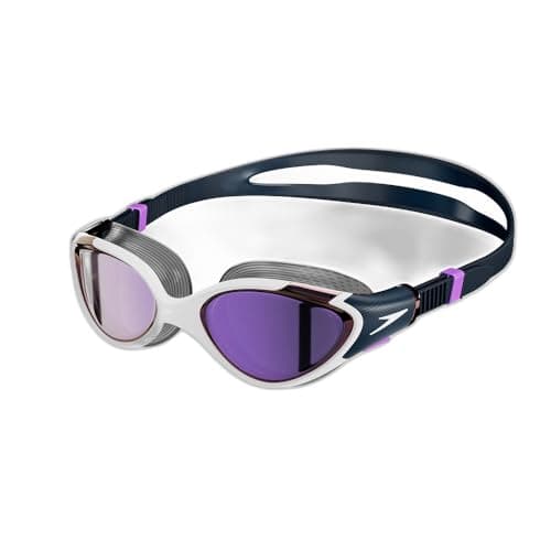 Image of Speedo Women's Biofuse 2.0 Swimming Goggles | Female Design | Patented Adjust Mechanism | Anti-fog | Anti-leak | Comfort Fit Goggles, White/True Navy/Sweet Purple, One Size
