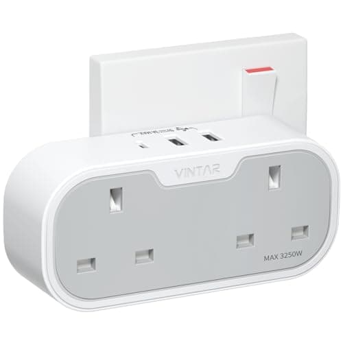 Image of VINTAR Double Plug Adaptor, Multi Plug Extension Socket with 2 USB 1 USB C Ports, 2 Way Plug Adapter UK, 13A UK 3 Pin Wall Multiplug Extender for Bedroom, Office, Kitchen, 1 pack