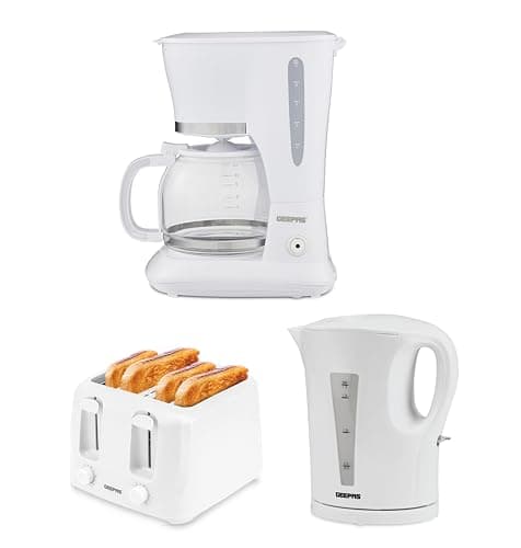 Image of GEEPAS 1.5L Filter Coffee Machine, 1.7L Electric Kettle & 4 Slice Toaster Combo Set | 800W Coffee Maker for Instant Coffee Espresso | 2200W Cordless Jug Kettle Auto Shut Off | 1400W Toaster White
