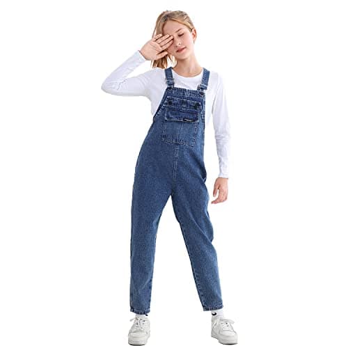 Image of Rolanko Girls Jeans Bib Overalls, Baggy Denim Dungarees Jumpsuit for Big Kids, Blue Pocket, Tag Size:140