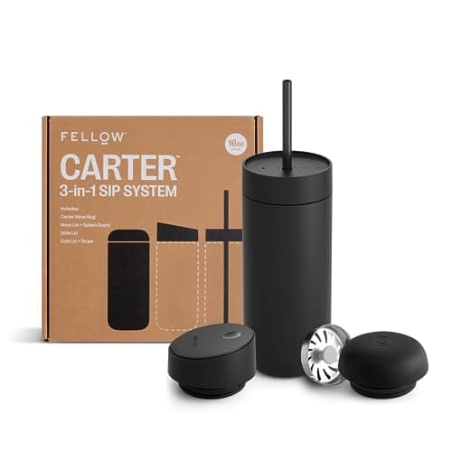 Image of Fellow 16 oz Carter Bundle (3 in 1) Travel Mug with Slide-Lock, Move & Cold Lids with Reusable Straw, Ceramic Interior & Vacuum-Insulated Stainless Steel - Coffee Cups-Matte Black