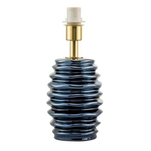 Image of Happy Homewares Modern Metallic Blue Gloss Ceramic Table Lamp Base with Rippled Grooves | Satin Gold Plated Lamp Holder | 24cm x 11cm