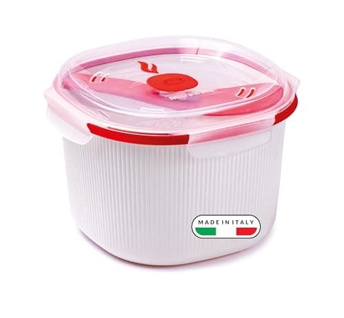 Image of Snips - Microwave Rice Cooker - For Rice, Grains and Vegetables - Microwave rice steamer, 2.70 litres - 20.5 x 20.5 x 14.5 cm - Rice Cooker Microwave, White and red - 100% Made in Italy